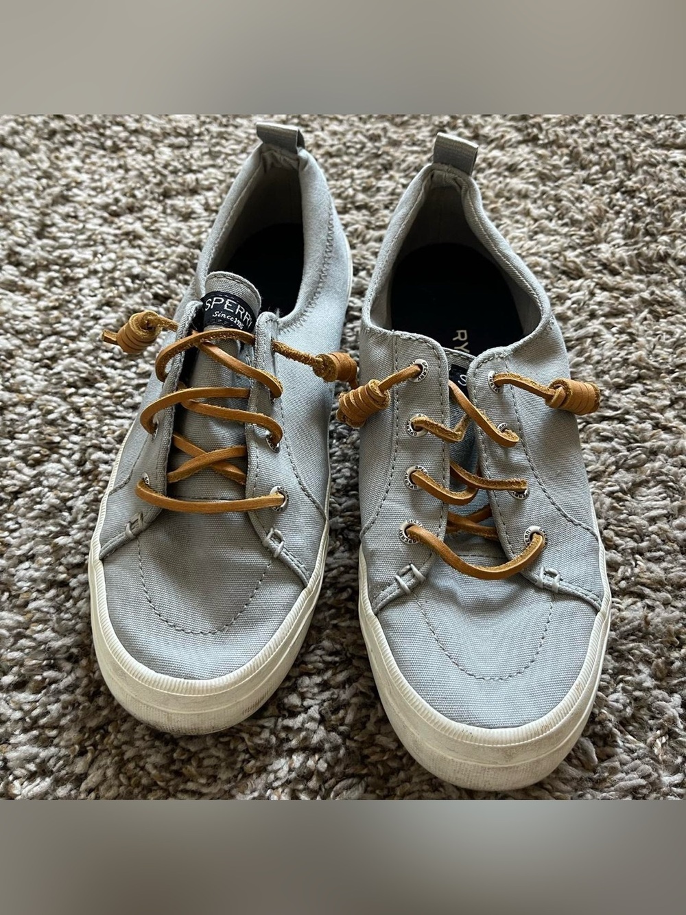 Sperry Light Gray Canvas Slip-Ons with Tan Leather Laces. Barely ever worn
